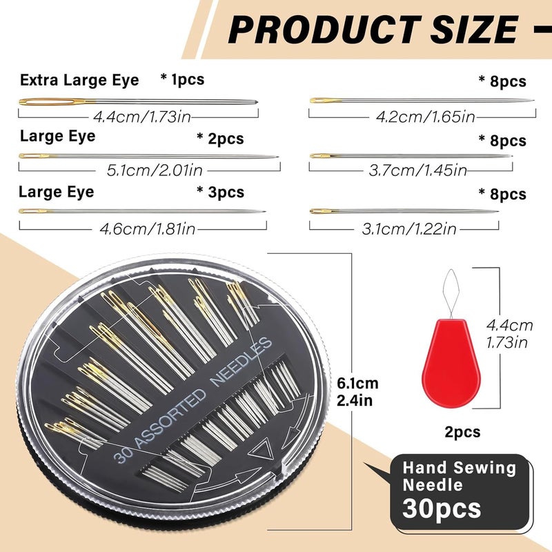Ftyiwu 30 Pack Hand Sewing Needles, Assorted Embroidery Needles Kit, 6 Sizes Large Eye Sewing Needles with Threaders for DIY Craft Projects, Handsewing, Sewing Repair - Image 2